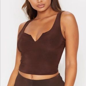 PrettyLittleThing Chocolate V Neck Bodycon Top